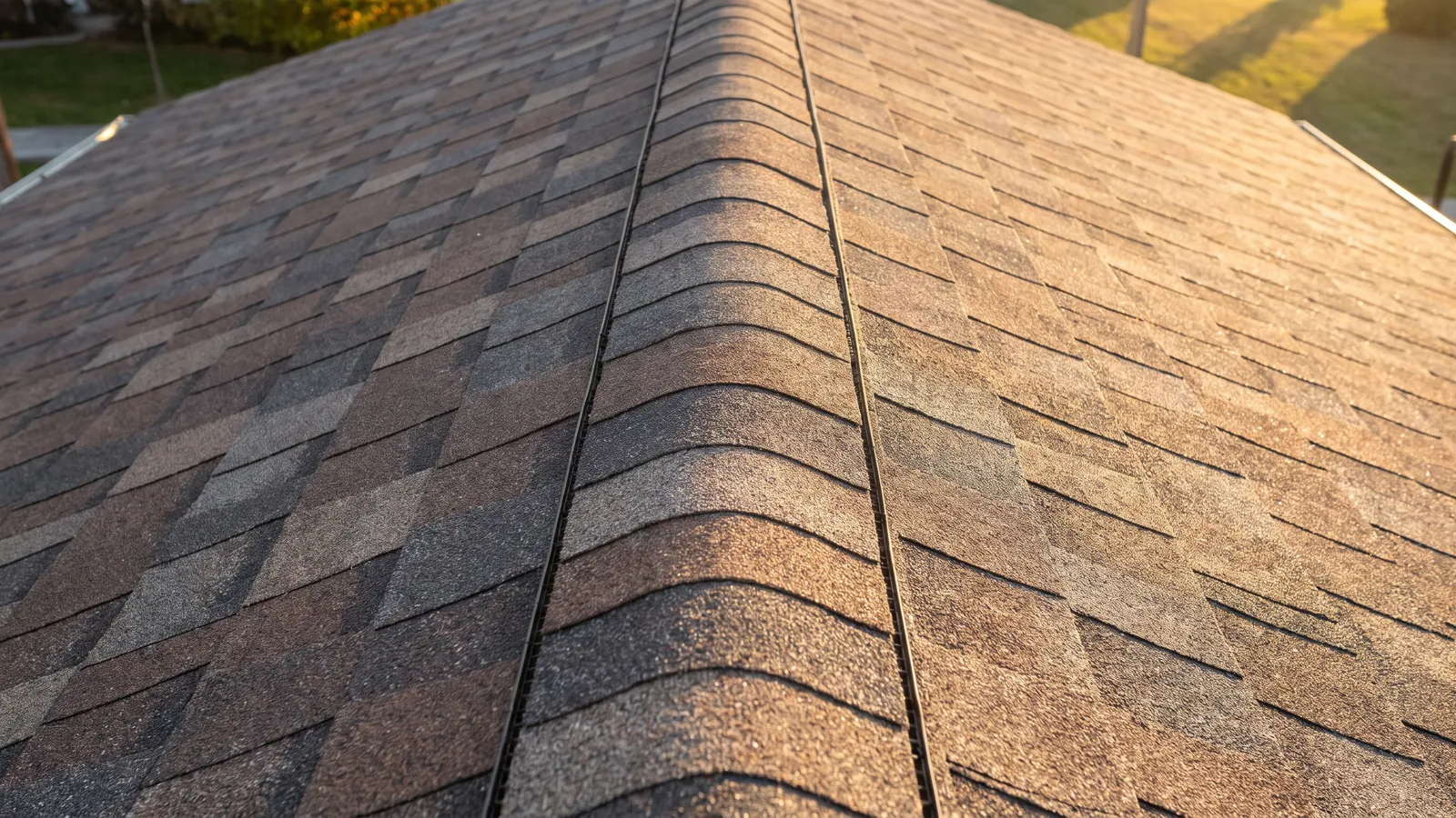 Close-up of new dimensional architectural shingles and a ridge cap along the peak of a roof in afternoon light