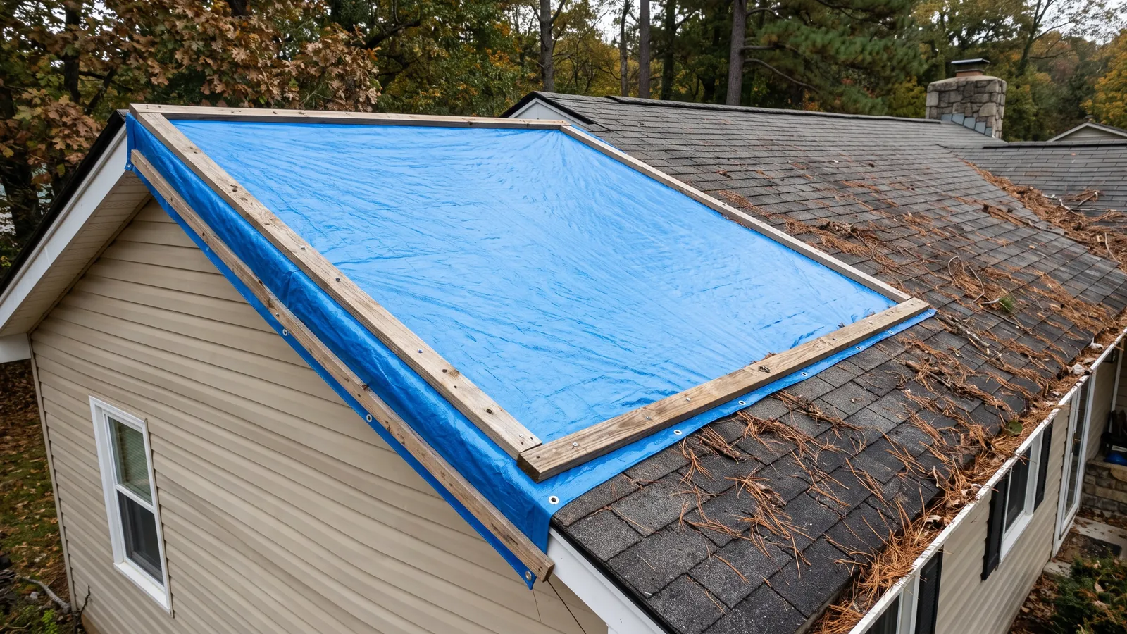 Blue emergency tarp stretched over a damaged section of roof on a ranch house, held with wood battens screwed along the edges