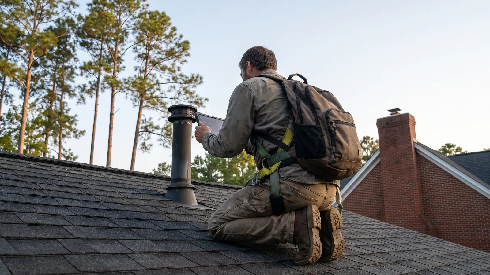 Roof inspector crouched on a shingle roof photographing a vent boot with a tablet, a two-story brick home and pine trees around