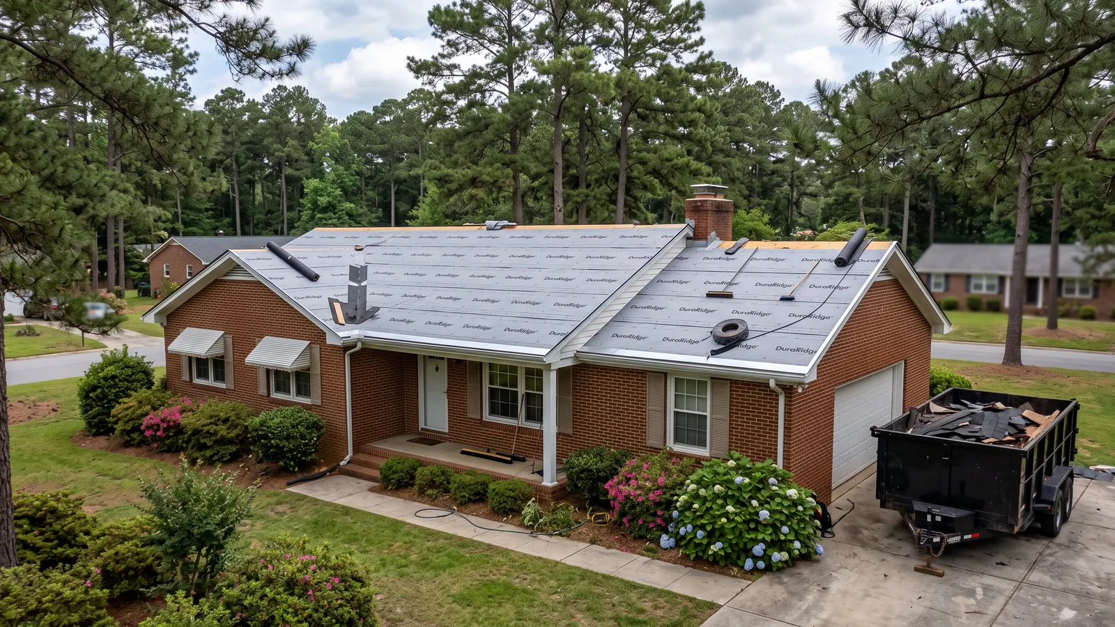 Roof replacement in progress on a ranch house: old shingles torn off, fresh gray synthetic underlayment on the decking, a dumpster trailer in the driveway