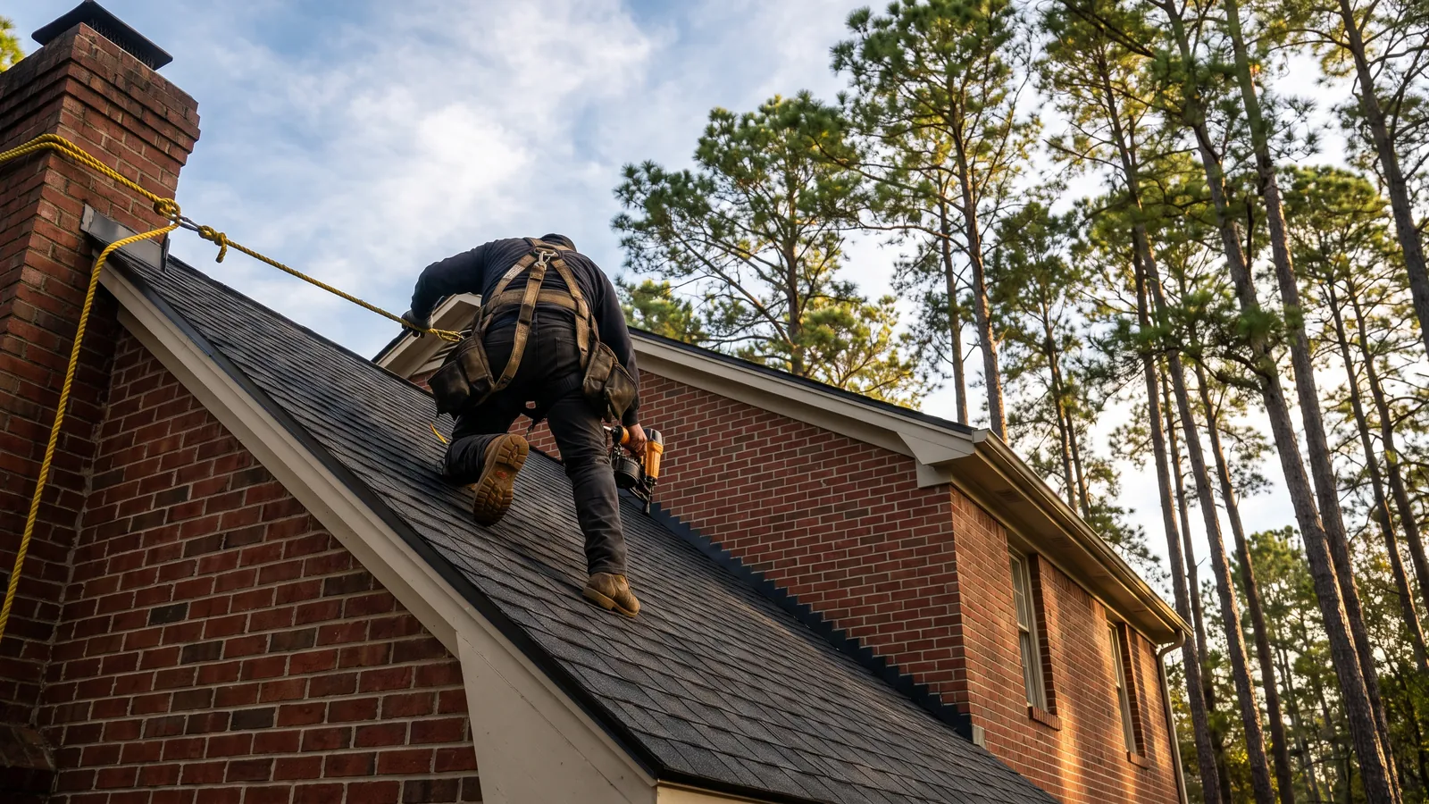 Roofer on a steep roof nailing charcoal architectural shingles onto a two-story brick home in Fayetteville, North Carolina, longleaf pines behind