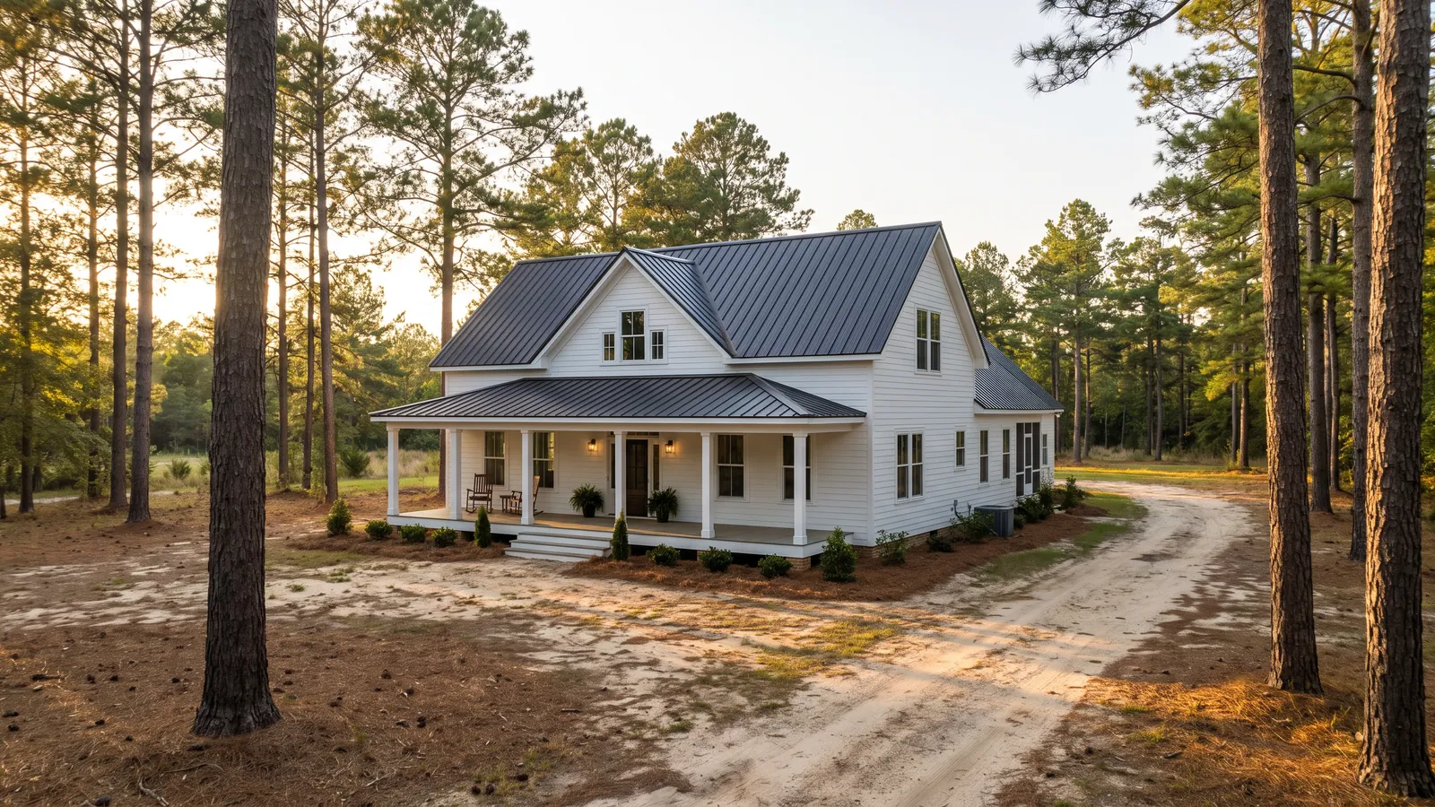 Charcoal standing seam metal roof on a white farmhouse with a wide porch, longleaf pines and sandy soil of the North Carolina Sandhills