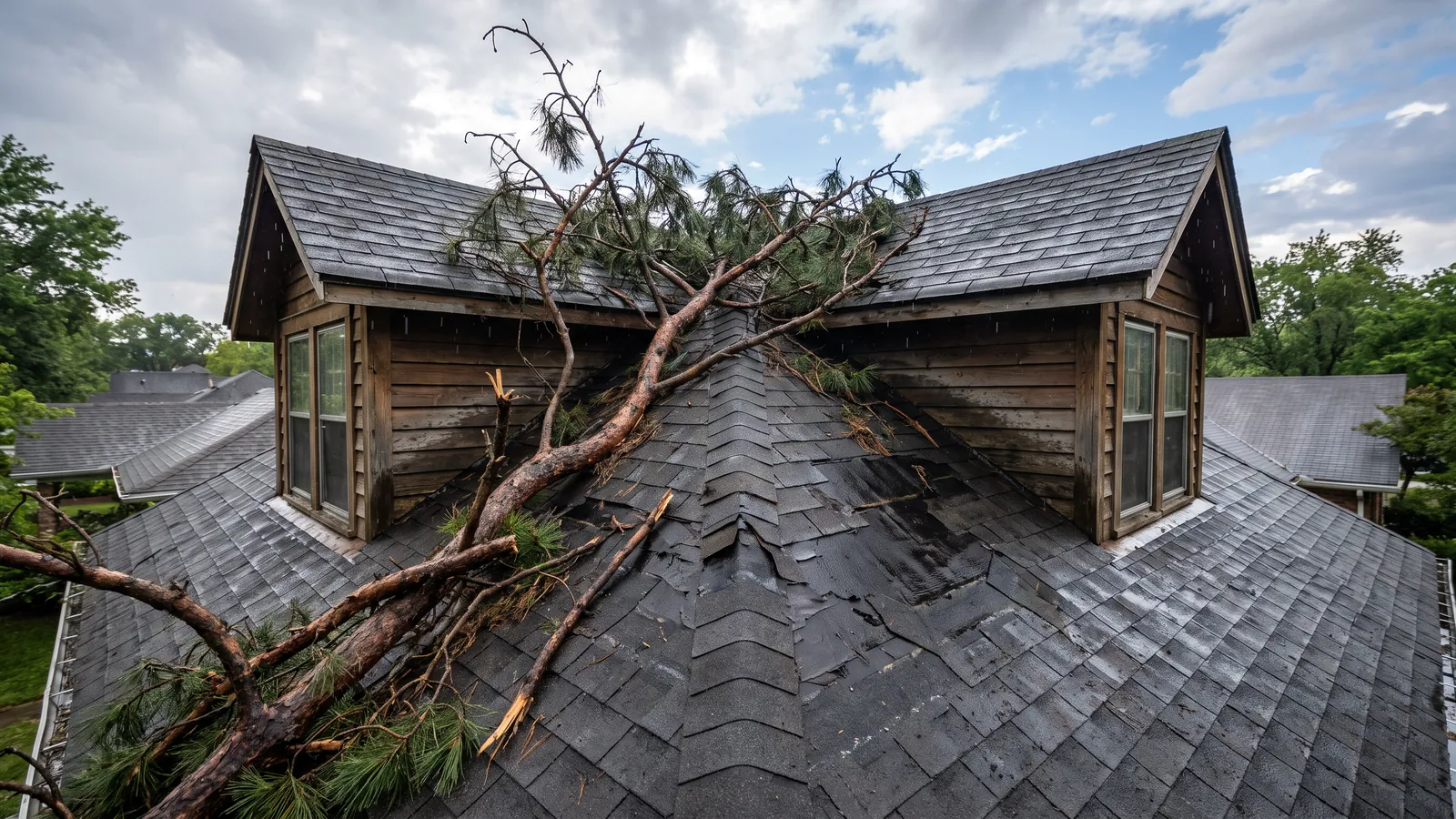 Roof with patches of missing shingles and a broken pine limb on it after a summer thunderstorm, gray clouds clearing overhead